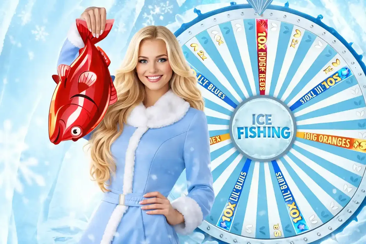 Blonde woman holding red cartoon fish in front of Ice Fishing prize wheel