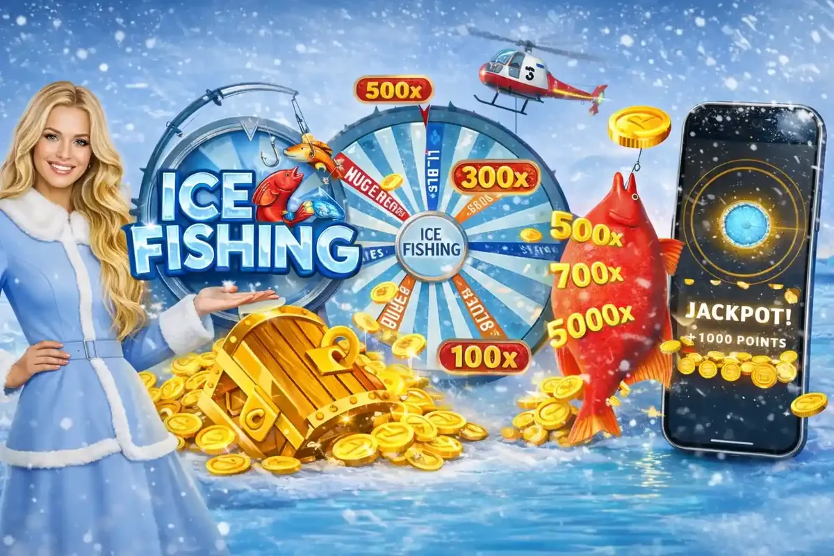 Ice Fishing game interface showing jackpot prizes, treasure chest, coins and smartphone display