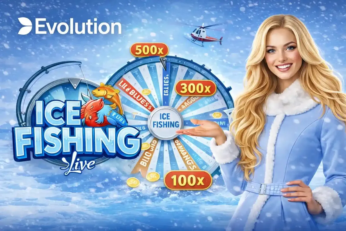 Evolution Ice Fishing Live game with blonde hostess presenting bonus wheel and multiplier prizes