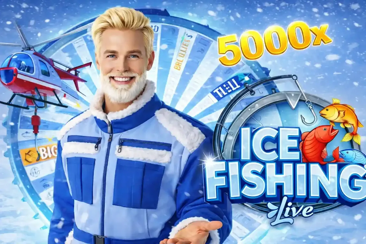 Male host in winter jacket presenting Ice Fishing Live game with 5000x multiplier and helicopter