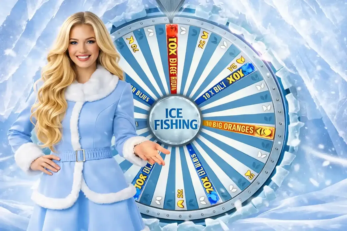 Woman presenting large Ice Fishing bonus wheel with multiple prize segments and multipliers